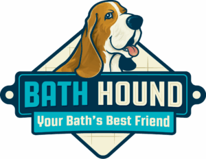 Logo featuring a cartoon basset hound above the words "Bath Hound" and the slogan "Your Bath’s Best Friend" on a tiled background.