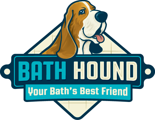 Logo featuring a cartoon basset hound above the words "BATH HOUND" and "Your Bath’s Best Friend" on a blue and cream geometric background.
