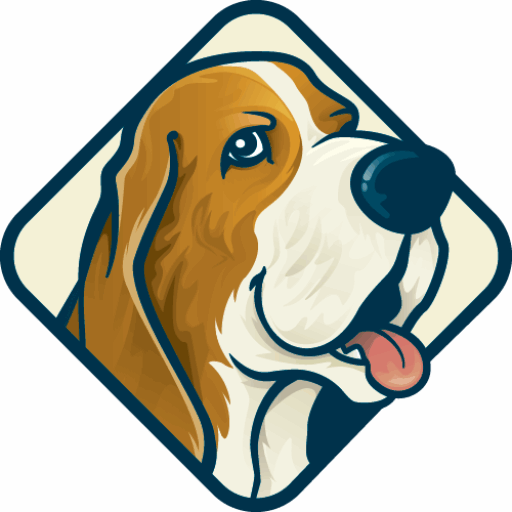 Cartoon illustration of a brown and white dog with floppy ears, happy expression, and tongue sticking out, inside a diamond-shaped border.