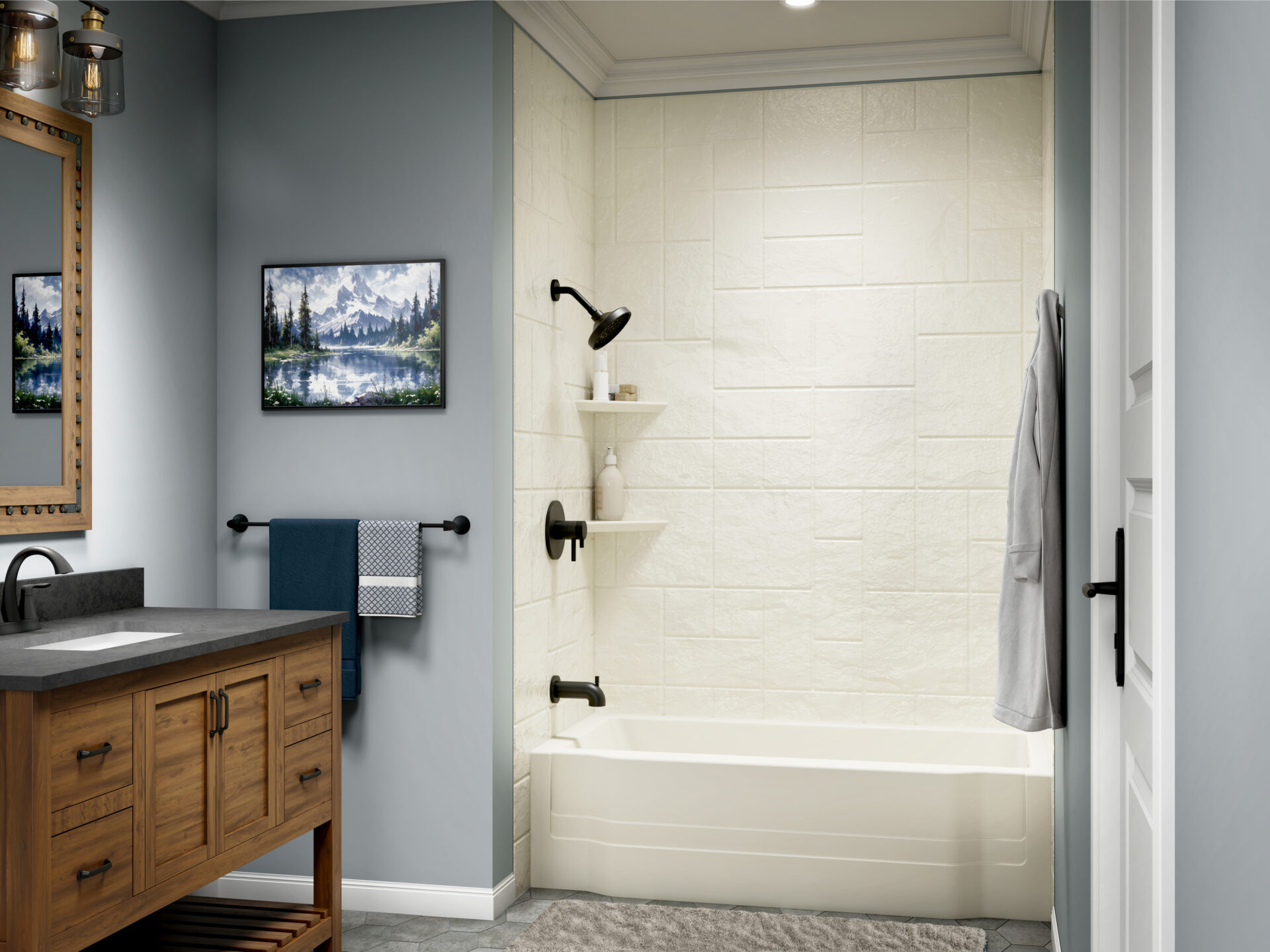 Modern bathroom remodel with light-colored bathtub and shower conversion, wooden vanity with dark countertop, towel rack, wall art, and a gray robe hanging by the shower.