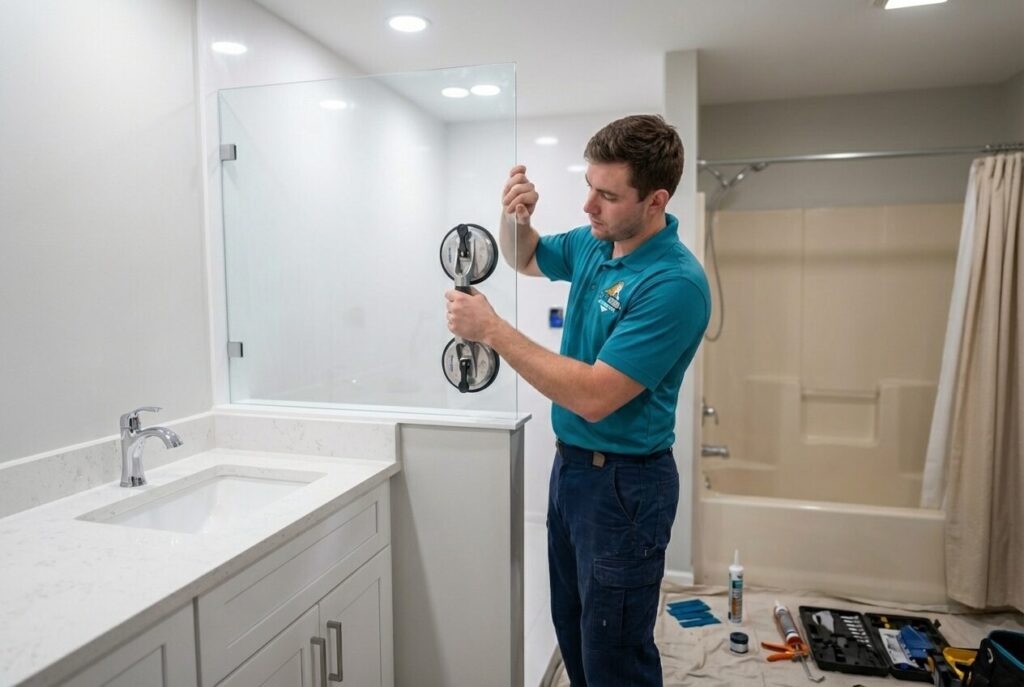 A bath remodeler installs a glass shower panel in a bathroom, using suction cups. Tools and supplies are on the floor nearby.