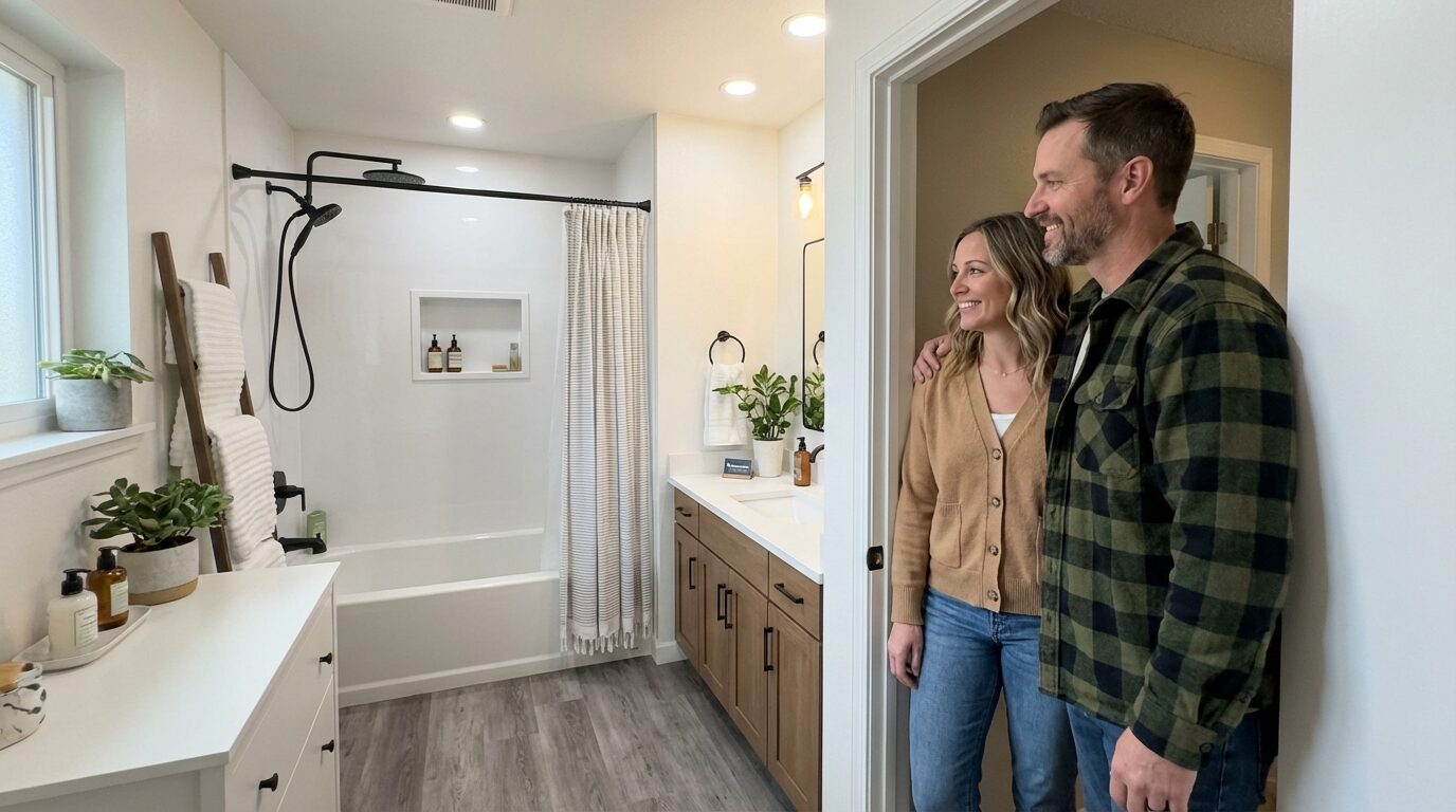A smiling couple stands in the doorway of a modern, newly renovated bathroom with a bathtub, double sinks, and wood accents in Arvada, Colorado.