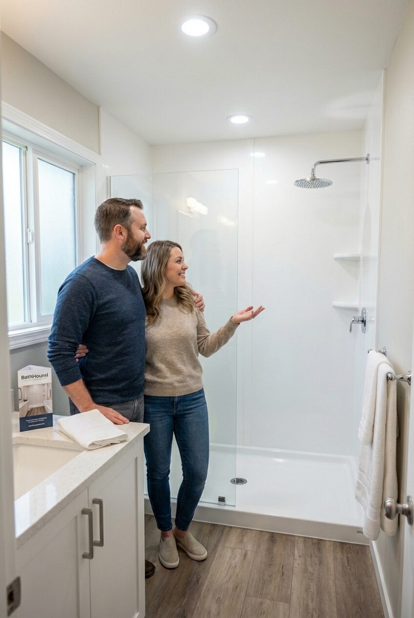 A couple stands in a modern bathroom, looking at a walk-in shower with glass doors and built-in shelves.