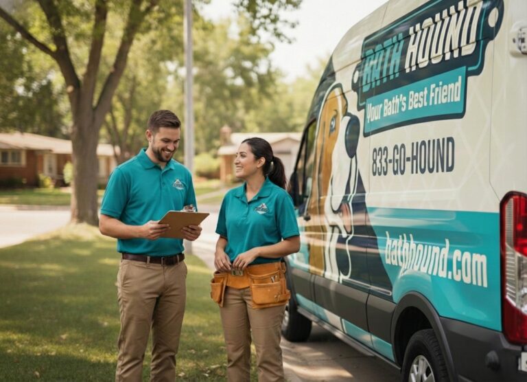 Two bath remodelers in BathHound uniforms stand beside a branded BathHound van, one holding a clipboard and the other with a tool belt, on a tree-lined residential street.