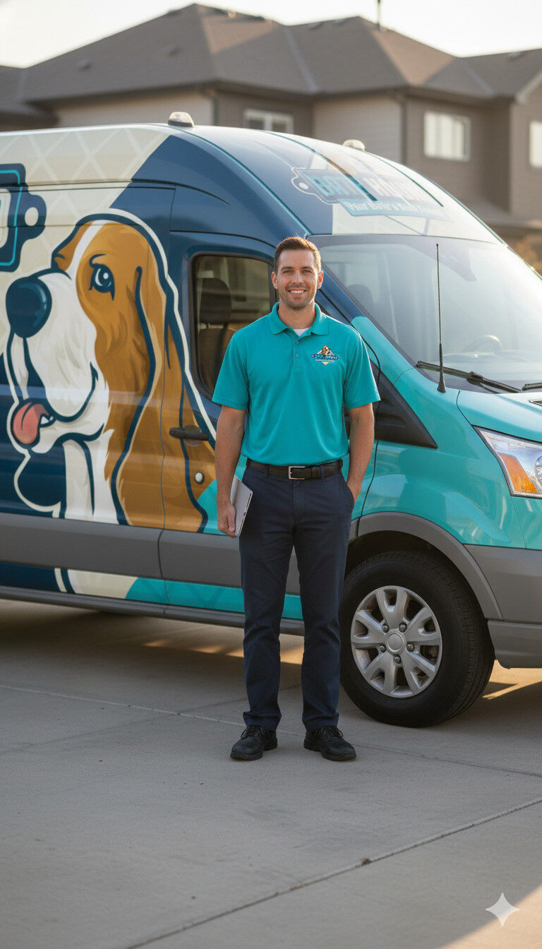 A man in a teal polo shirt stands in front of a van with a cartoon dog graphic, holding a clipboard on a residential street, ready to discuss your next bathroom remodel or tub to shower conversion project.