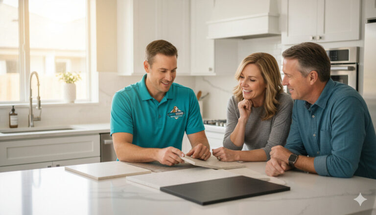A man in a turquoise polo shirt shows countertop samples to a smiling couple in a modern white kitchen.