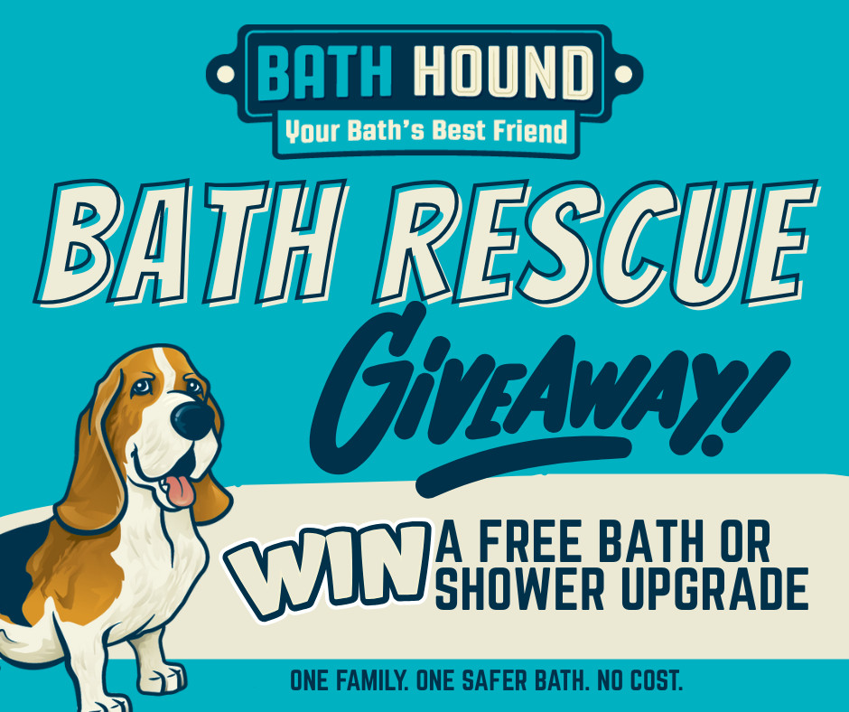 Promotional graphic for Bath Hound's Bath Rescue Giveaway, offering a chance to win a free bath or shower upgrade, with a cartoon basset hound illustration.