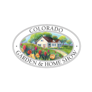 Logo for the Colorado Garden & Home Show featuring a house, garden, and colorful flowers inside an oval border with text.