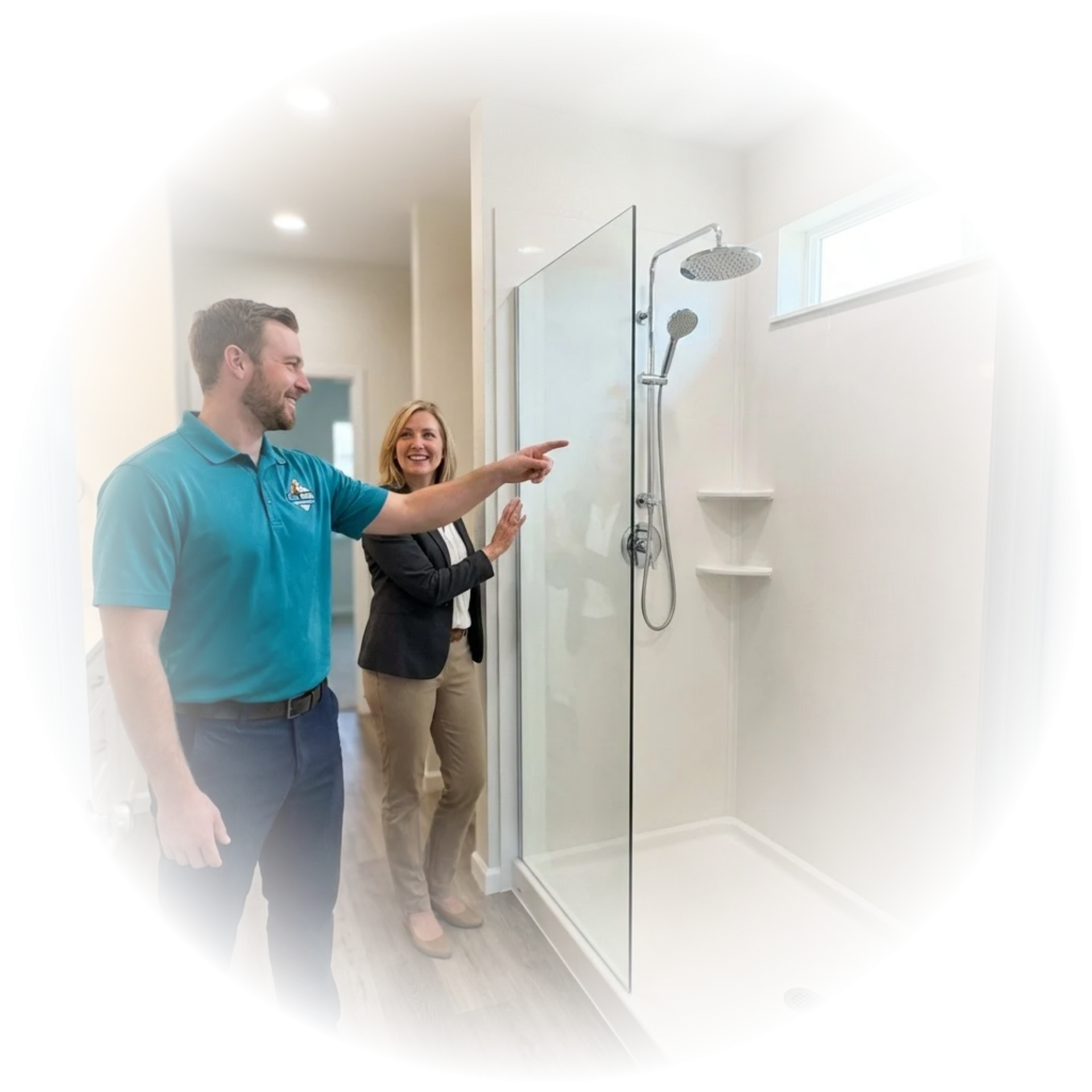 A remodeler and woman stand next to a new walk-in shower; the remodeler is doing a final walkthrough and points at the showerhead while the woman smiles.