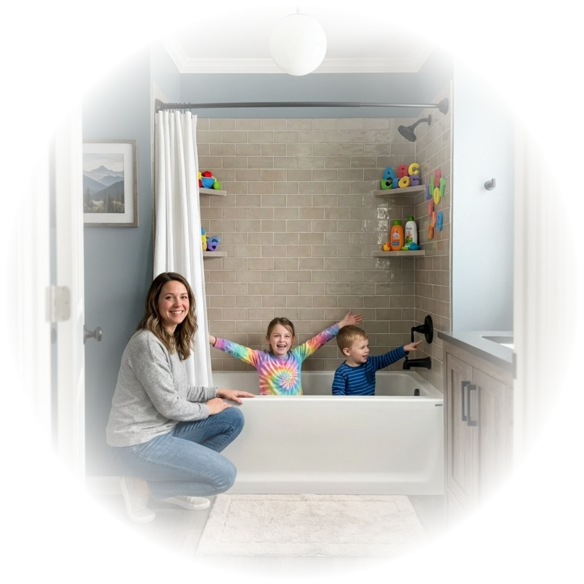 A woman kneels beside a newly installed bathtub where two young children play, one smiling with arms raised; bath toys and toiletries are visible on shelves.