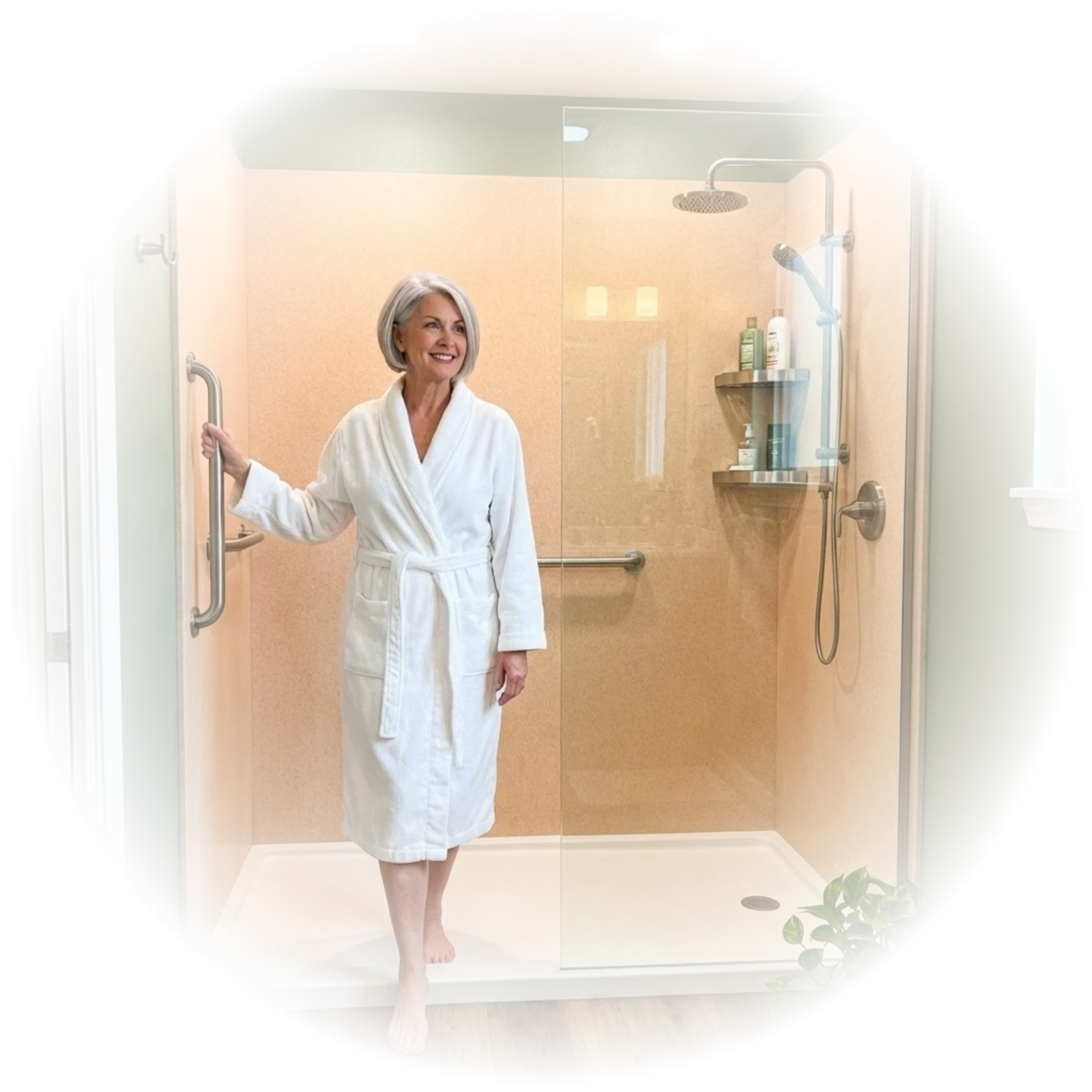 Older woman wearing a white bathrobe steps out of a walk-in shower with grab bars, glass doors, and shelves with toiletries.
