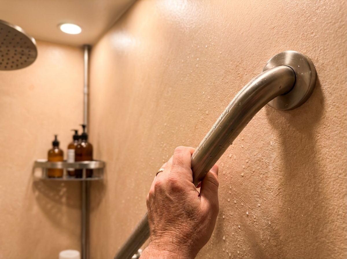 A person grips a metal grab bar in a shower with beige walls. Liquid soap bottles sit on a small shelf in the corner.