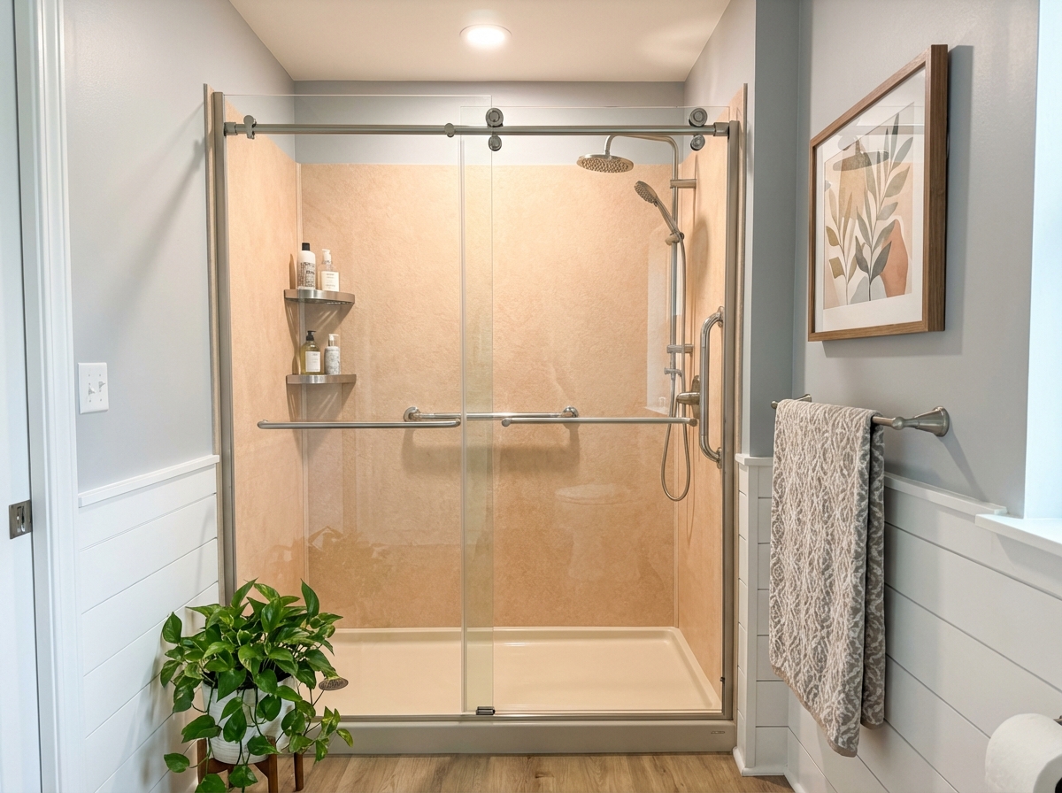 Modern walk-in shower with beige walls, glass sliding doors, a rainfall showerhead, shelves with toiletries, grab bars, a towel rack, a plant, and framed wall art.