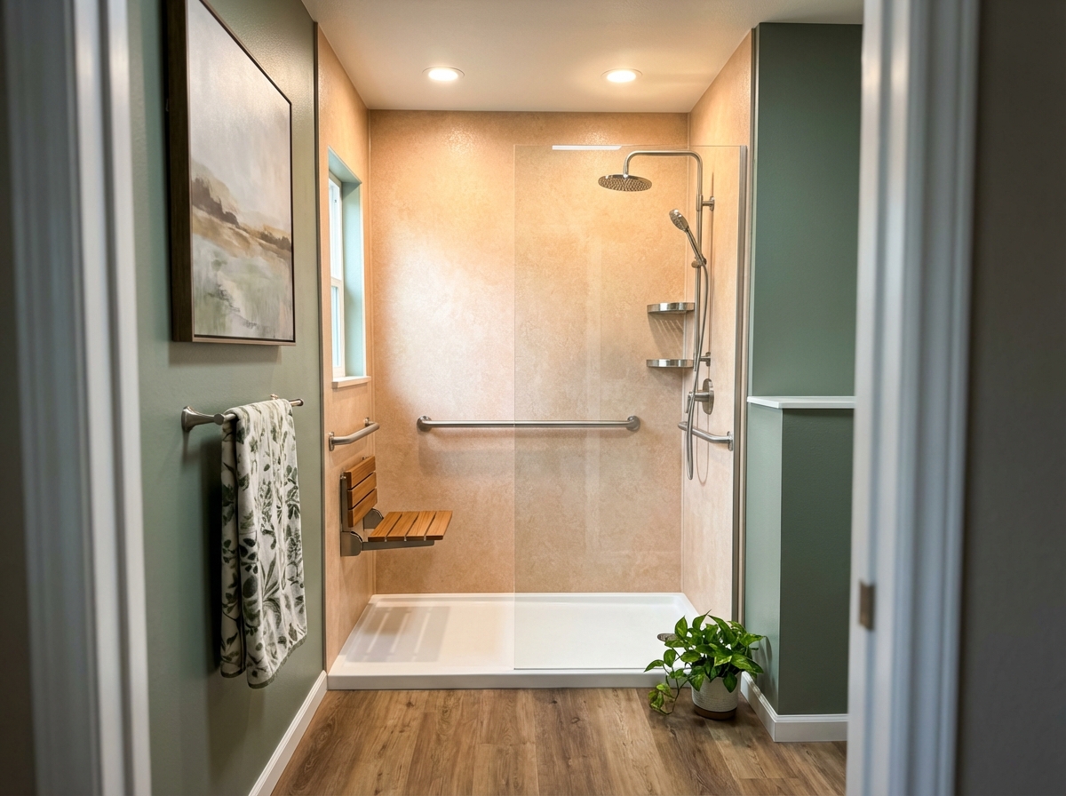 A modern bathroom with a walk-in shower, glass divider, wall-mounted bench, grab bars, towel rack, artwork, and a potted plant on a wood-effect floor.