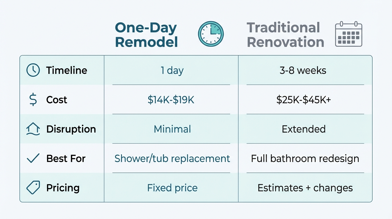 Comparison chart showing differences between one-day remodel and traditional renovation in timeline, cost, disruption, suitability, and pricing structure.