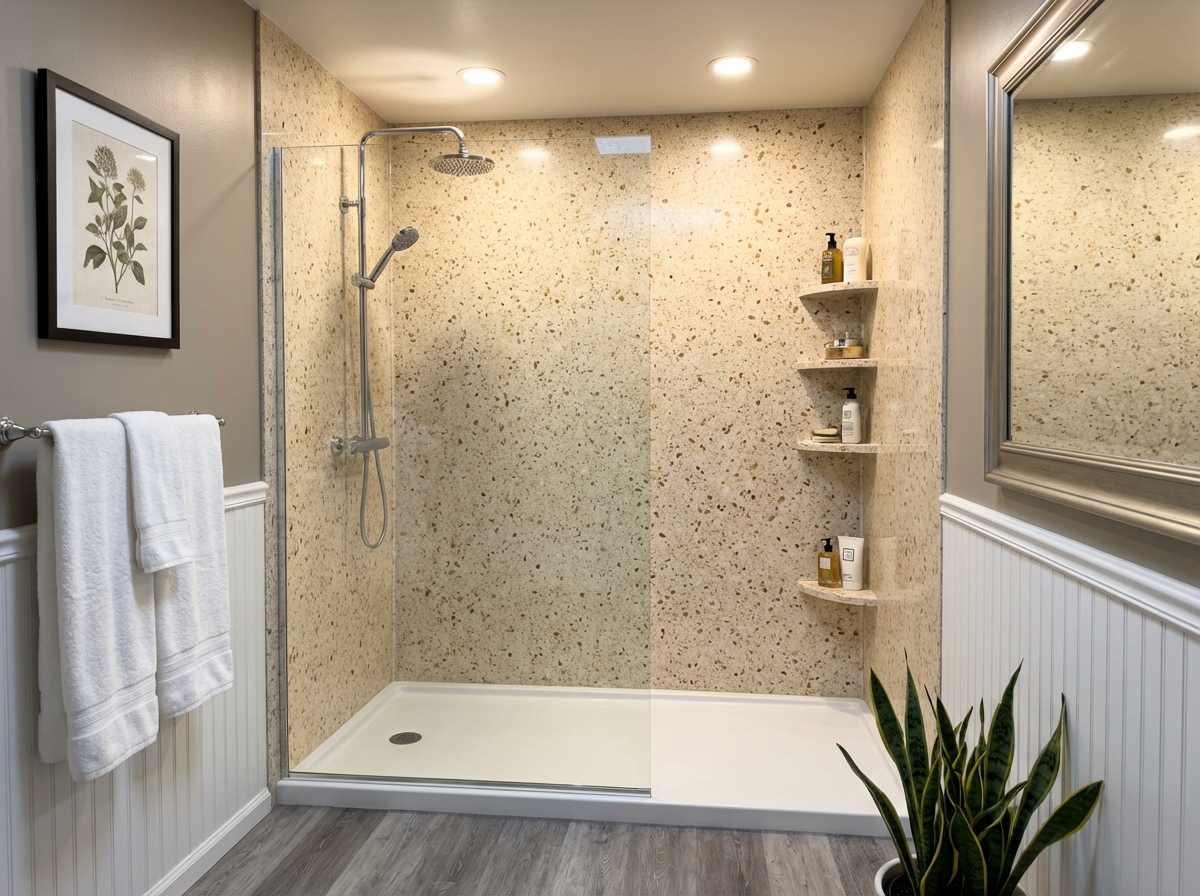 A modern walk-in shower with a glass door, pebble-patterned walls, built-in corner shelves with toiletries, a rainfall showerhead, and wood-style flooring. Towels and a plant nearby.